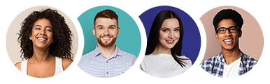 Four smiling adults shown in circular portrait frames against colourful backgrounds, representing a diverse and friendly teaching team.