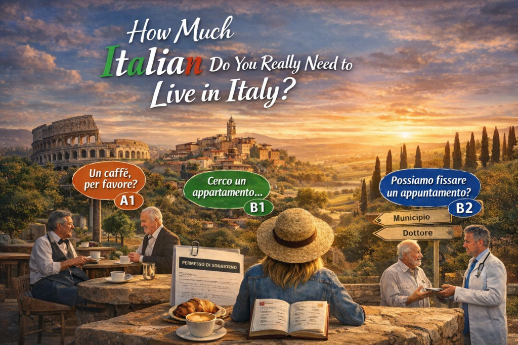 How Much Italian Do You Really Need to Live in Italy? Illustration showing A1 for ordering coffee, B1 for renting an apartment, and B2 for handling appointments and daily life, set against an Italian countryside with the Colosseum and sunset.